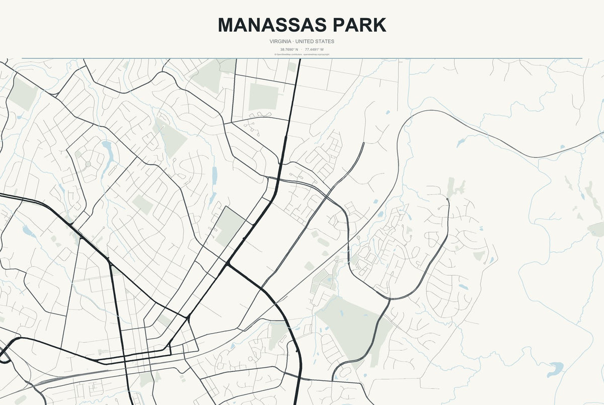 Manassas Park, Virginia City Map Aluminum Sign in Headline Atlas style
