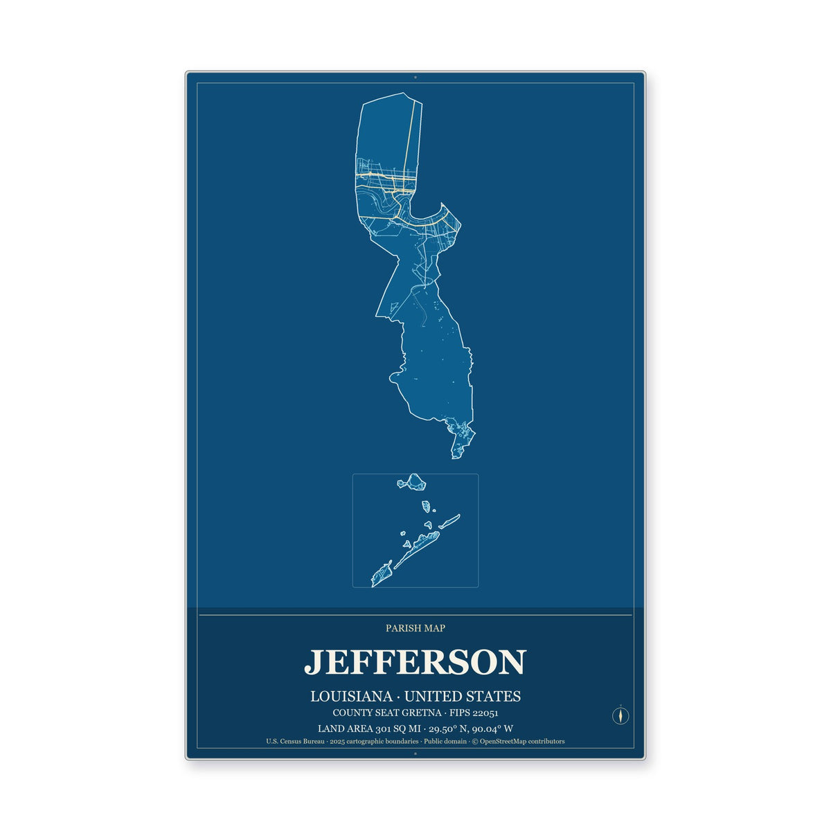 Jefferson Parish, Louisiana Map Aluminum Sign in Harbor Cobalt style