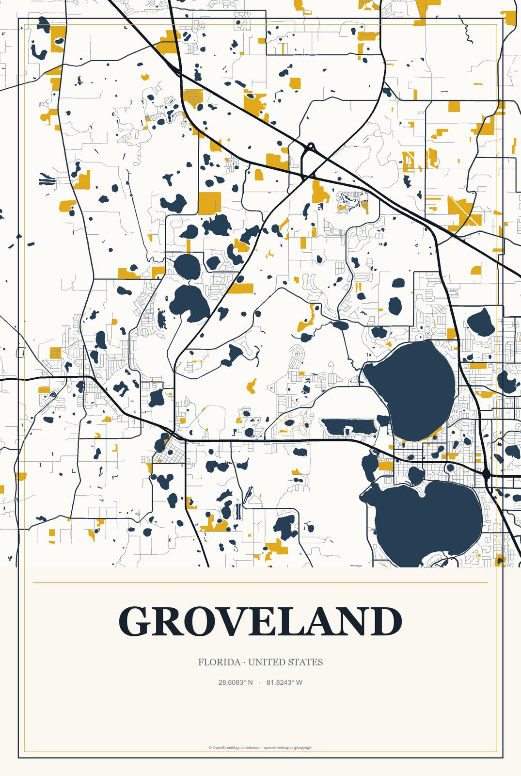 Groveland, Florida City Map Aluminum Sign in Citrine Modern style