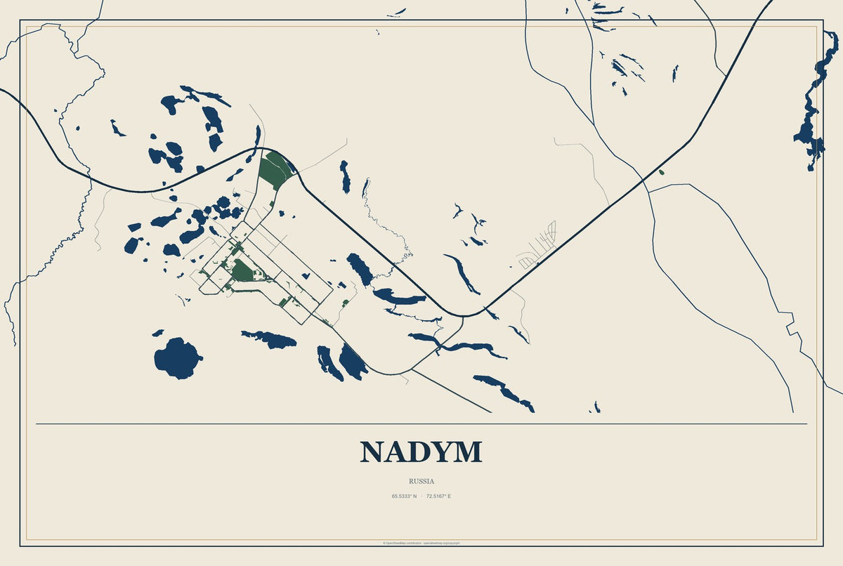 Nadym, Russia City Map Aluminum Sign in Coastal Cutout style