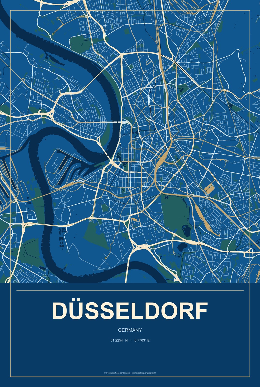 Düsseldorf, Germany City Map Aluminum Sign in Harbor Cobalt style