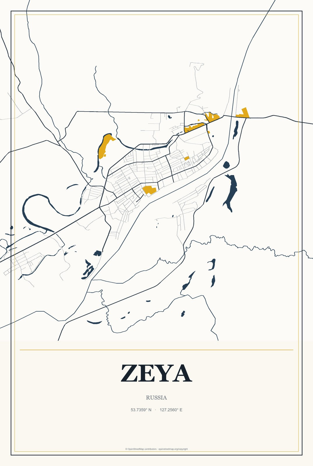 Zeya, Russia City Map Aluminum Sign in Citrine Modern style