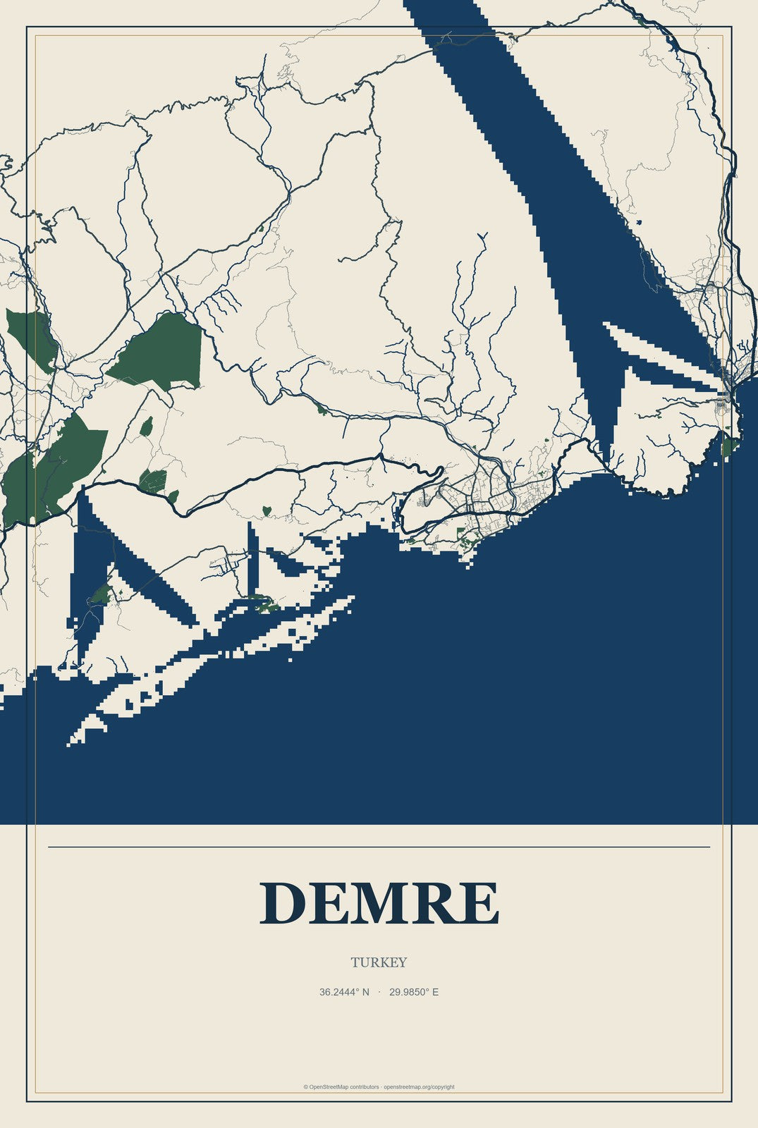 Demre, Turkey City Map Aluminum Sign in Coastal Cutout style