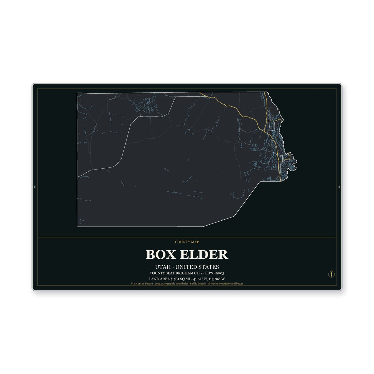 Box Elder County, Utah Map Aluminum Sign in Metropolitan Noir style