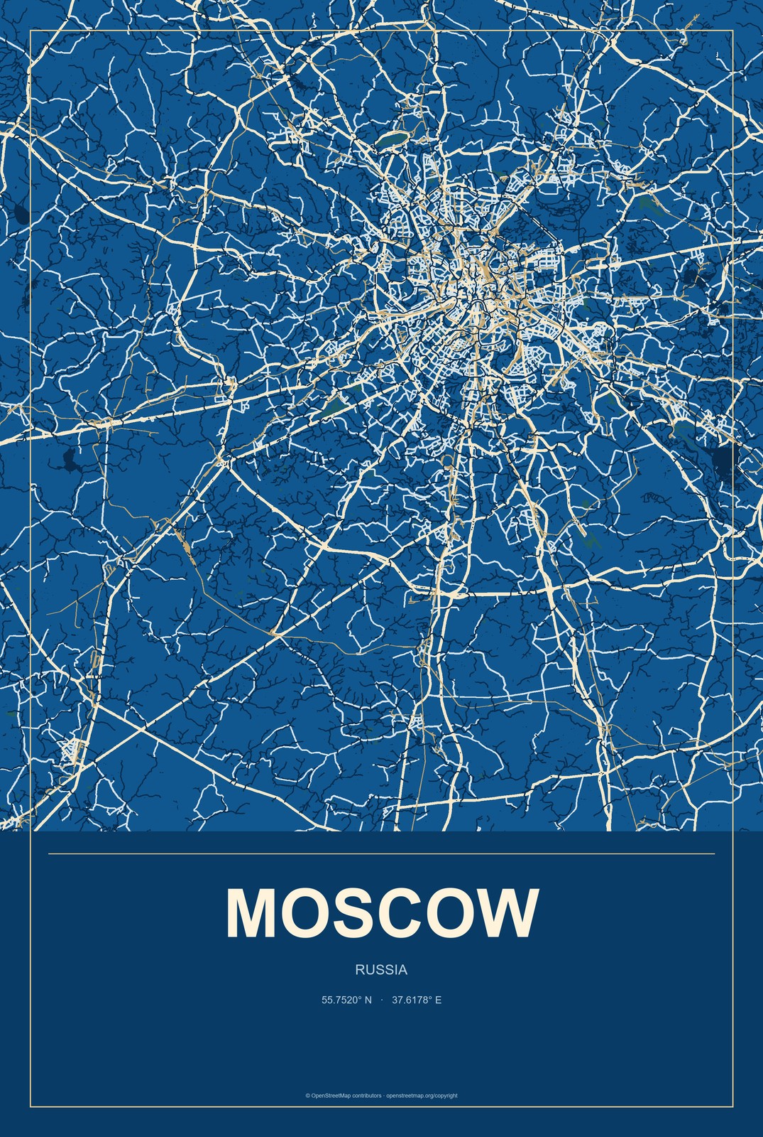 Moscow, Russia City Map Aluminum Sign in Harbor Cobalt style