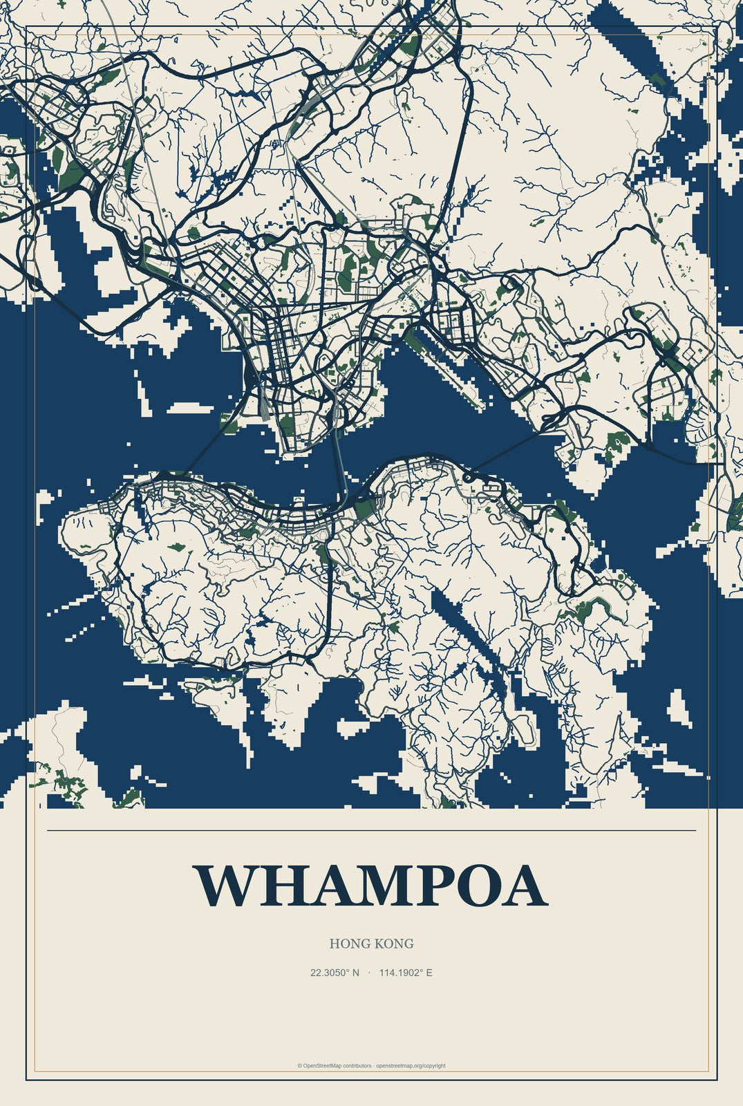 Whampoa, Hong Kong City Map Aluminum Sign in Coastal Cutout style
