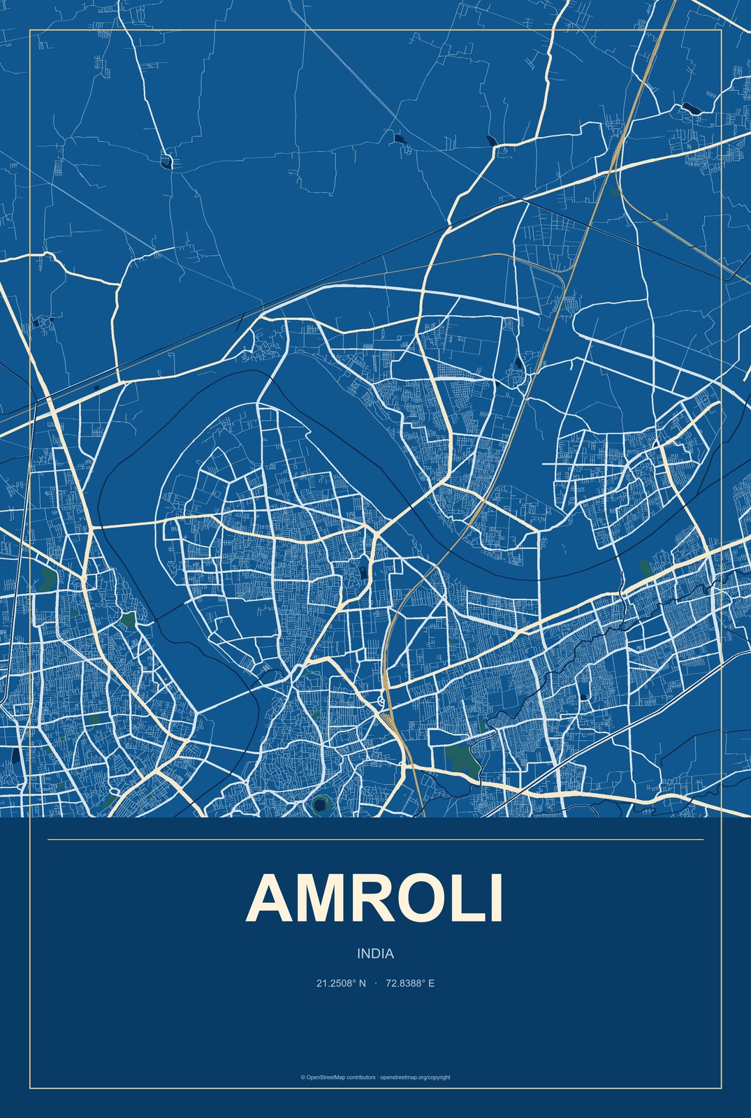 Amroli, India City Map Aluminum Sign in Harbor Cobalt style