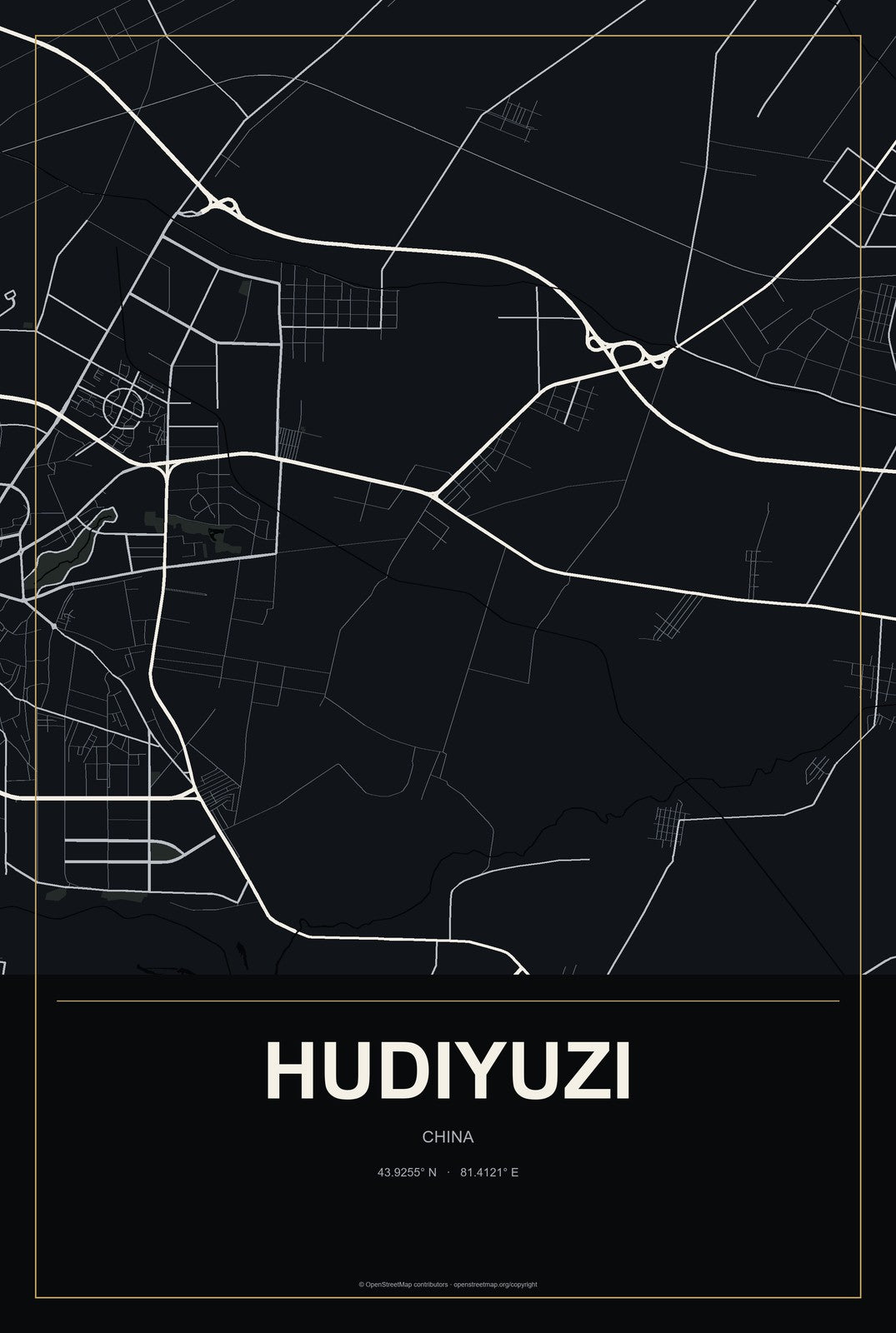 Hudiyuzi, China City Map Aluminum Sign in Metropolitan Noir style