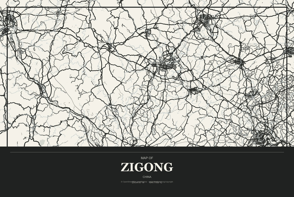 Zigong, China City Map Aluminum Sign in Museum Plaque style