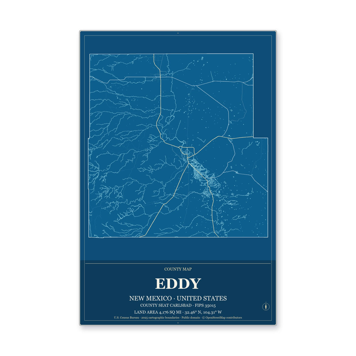 Eddy County, New Mexico Map Aluminum Sign in Harbor Cobalt style