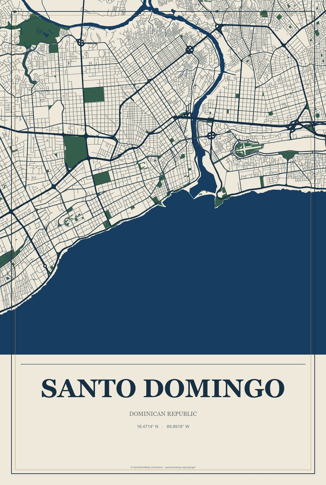 Santo Domingo, Dominican Republic City Map Aluminum Sign in Coastal Cutout style