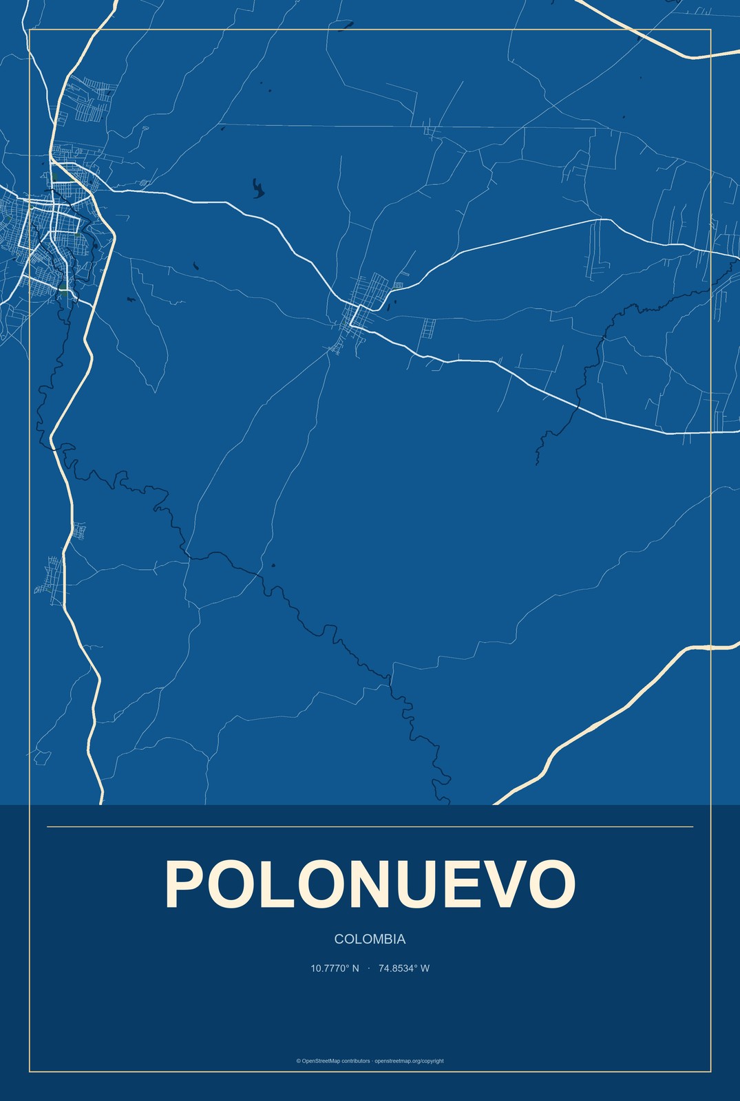 Polonuevo, Colombia City Map Aluminum Sign in Harbor Cobalt style