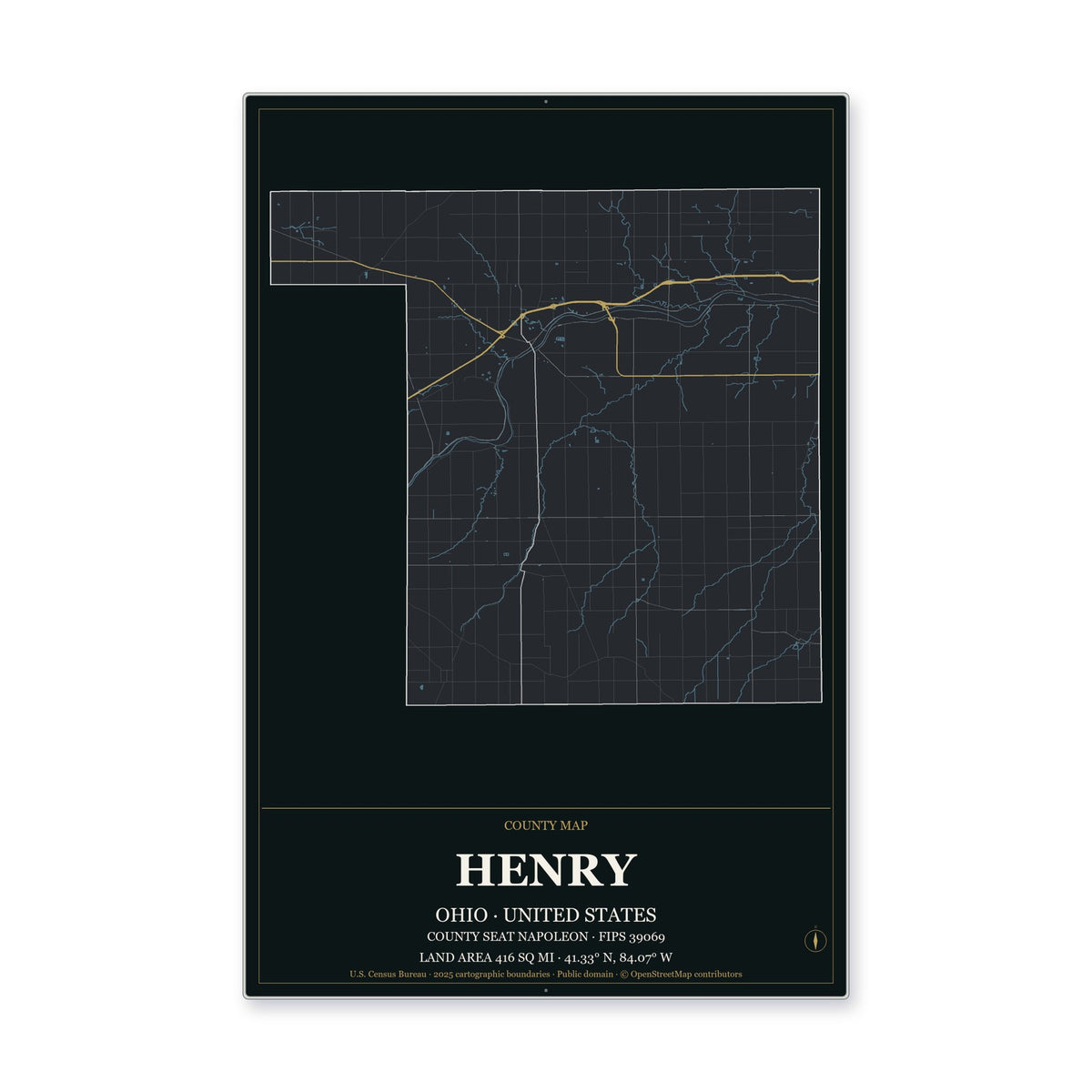 Henry County, Ohio Map Aluminum Sign in Metropolitan Noir style