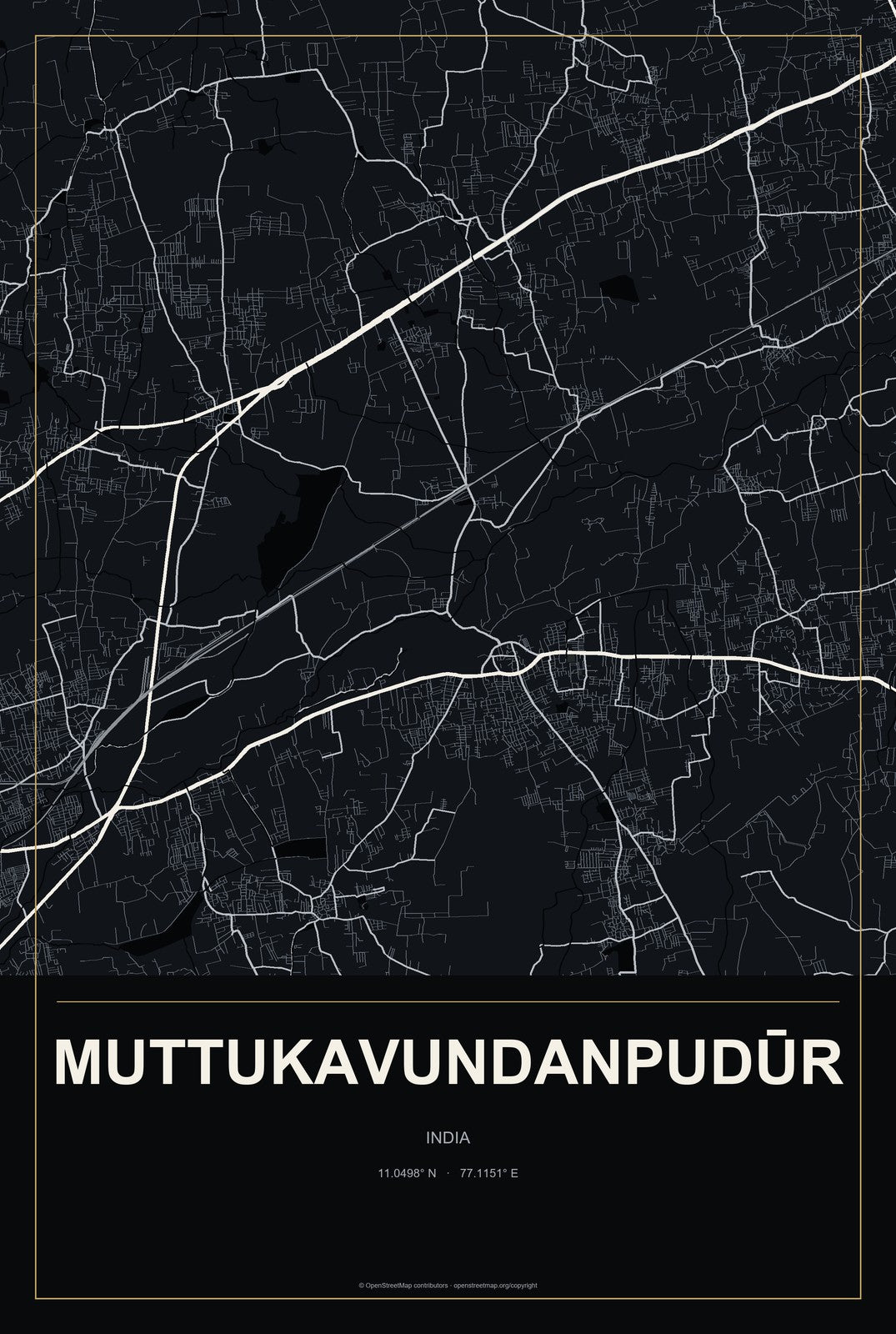 Muttukavundanpudūr, India City Map Aluminum Sign in Metropolitan Noir style