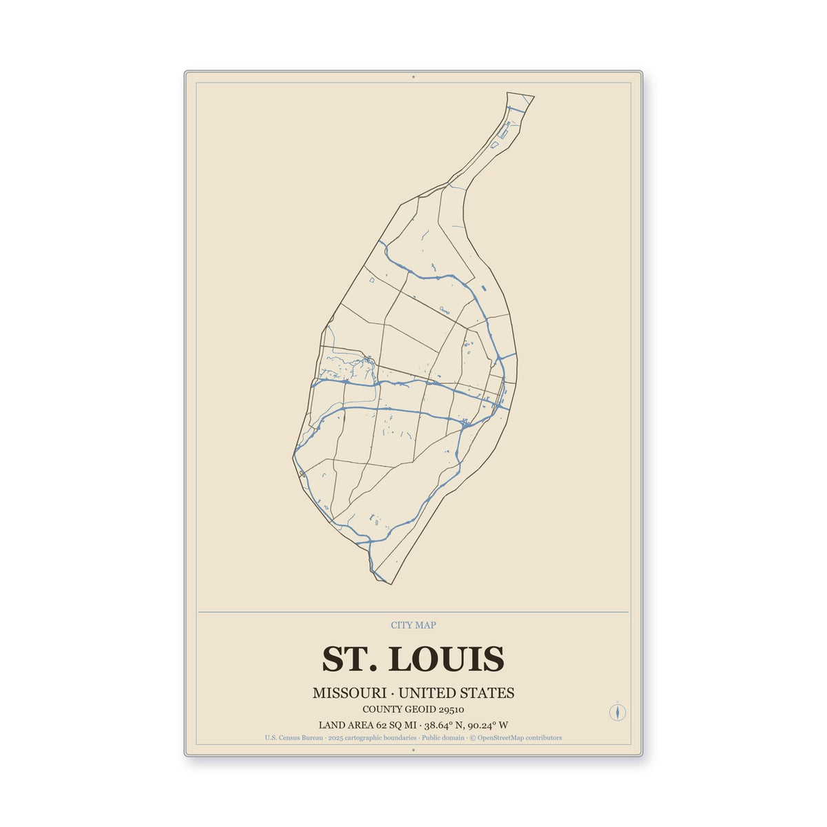 St. Louis city, Missouri Map Aluminum Sign in Heritage Nautical style