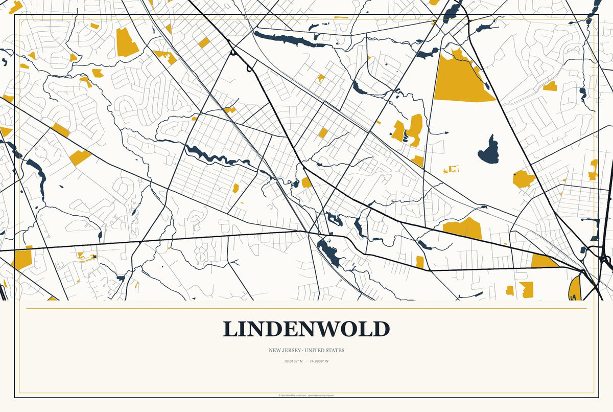 Lindenwold, New Jersey City Map Aluminum Sign in Citrine Modern style