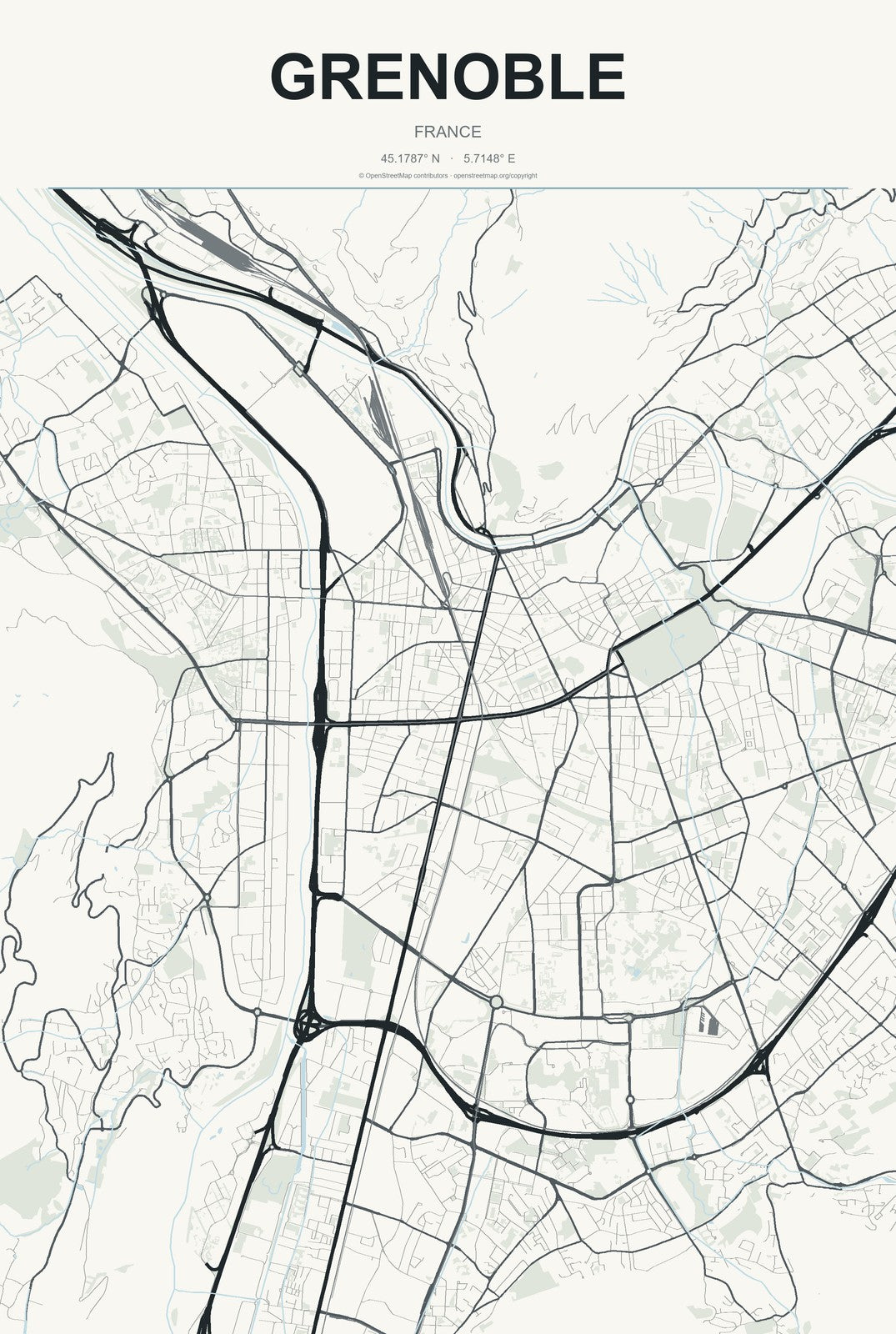 Grenoble, France City Map Aluminum Sign in Headline Atlas style
