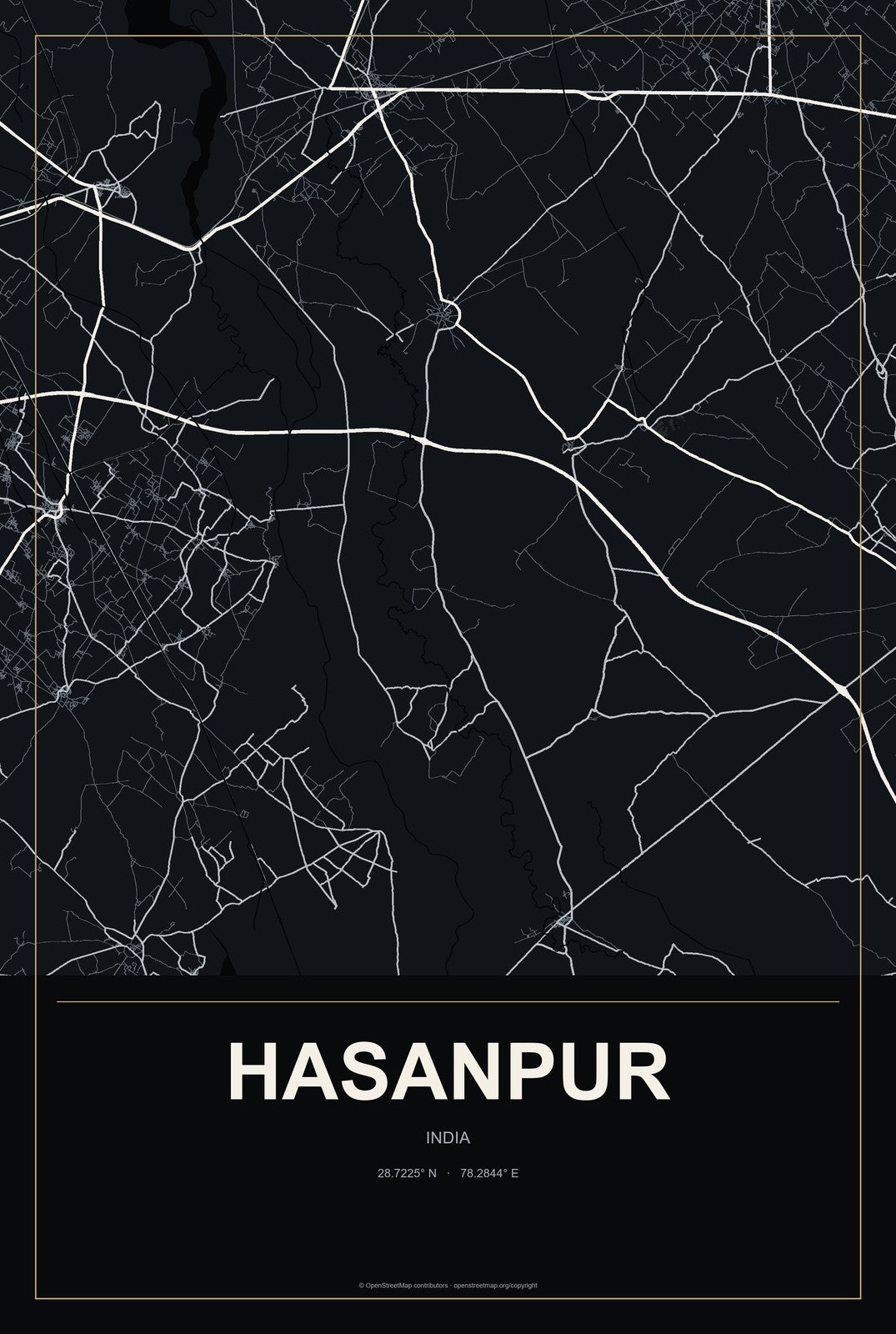 Hasanpur, Uttar Pradesh, India City Map Aluminum Sign in Metropolitan Noir style