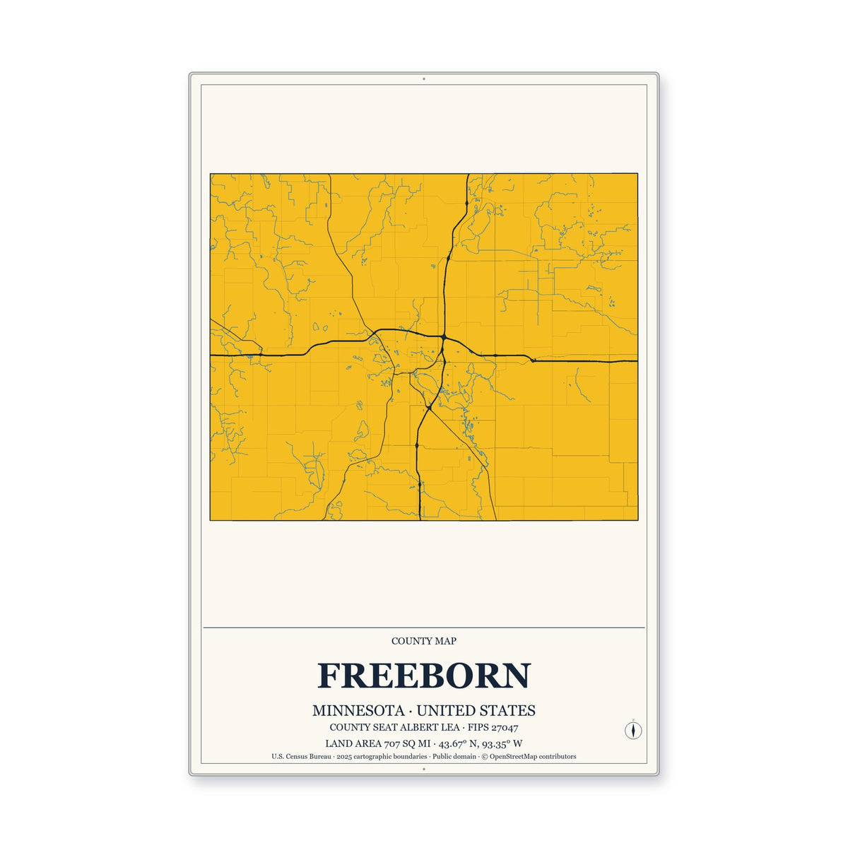 Freeborn County, Minnesota Map Aluminum Sign in Citrine Modern style