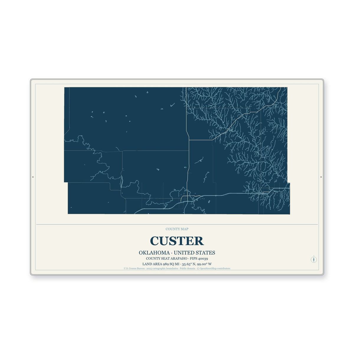 Custer County, Oklahoma Map Aluminum Sign in Coastal Cutout style