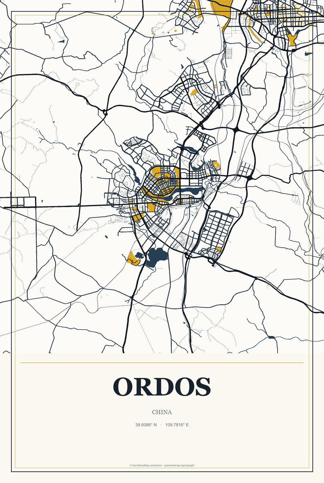 Ordos, China City Map Aluminum Sign in Citrine Modern style