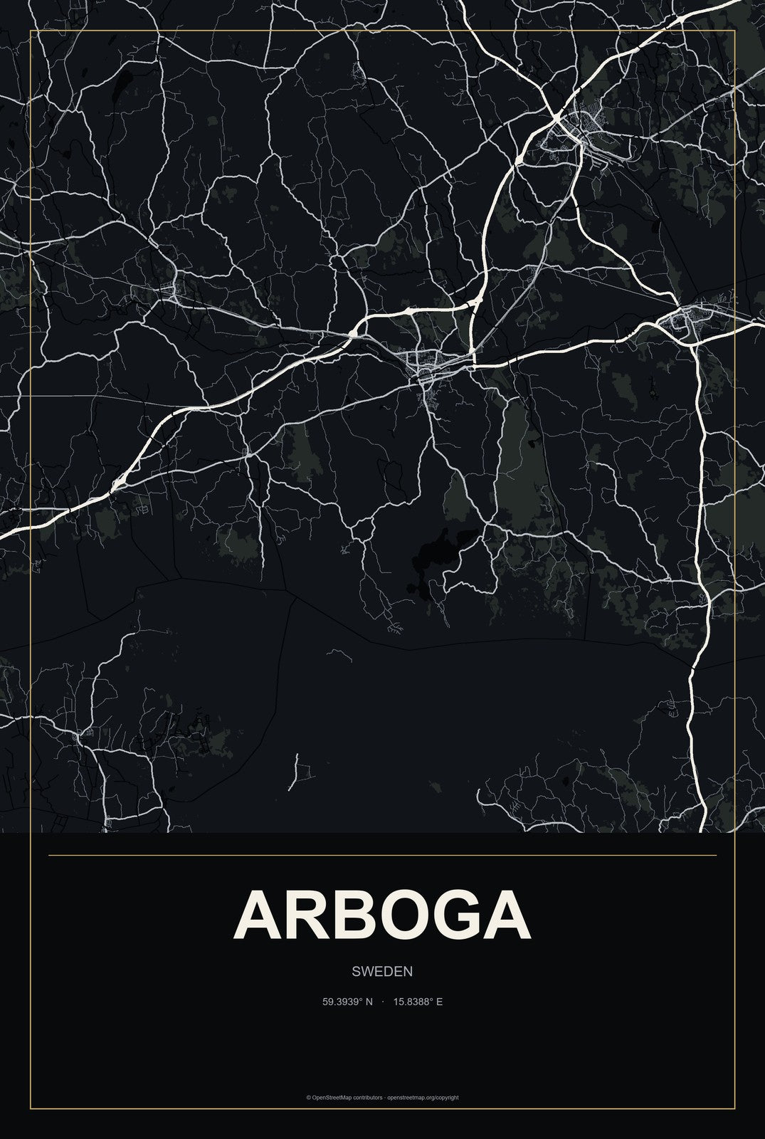Arboga, Sweden City Map Aluminum Sign in Metropolitan Noir style