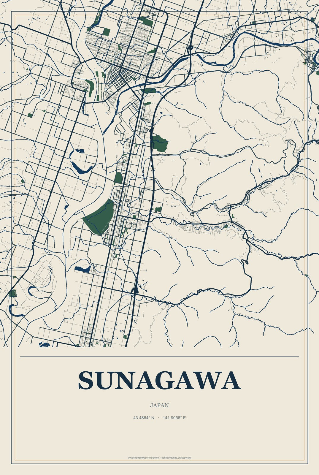 Sunagawa, Japan City Map Aluminum Sign in Coastal Cutout style