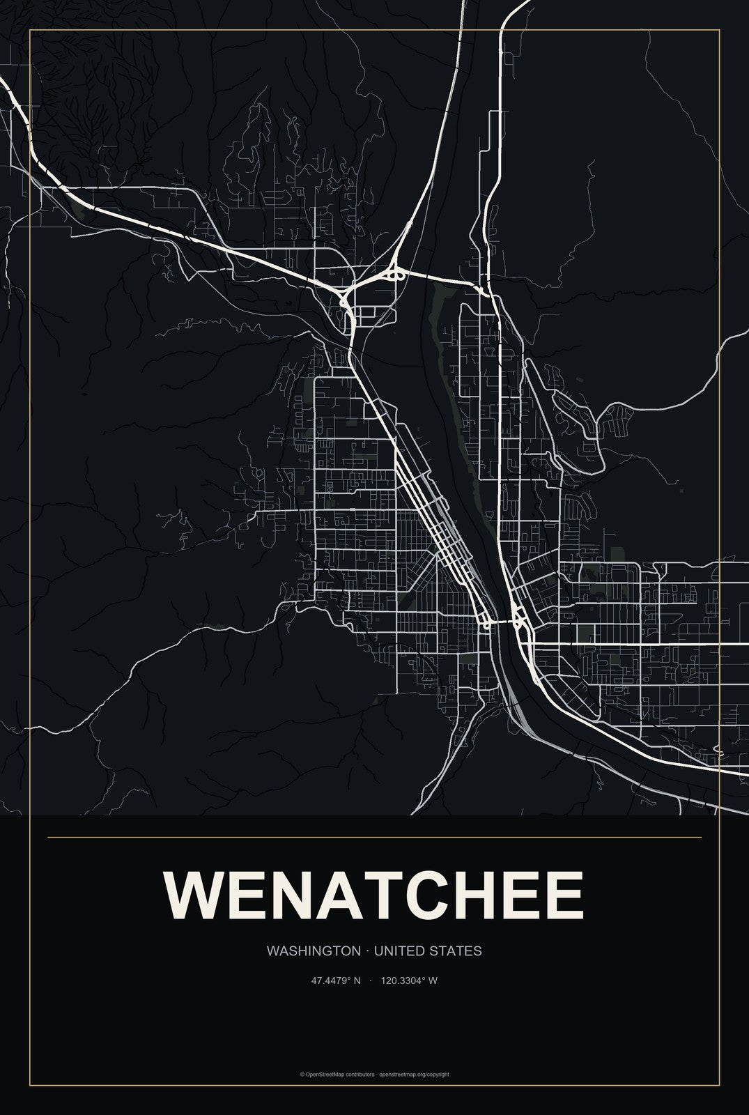 Wenatchee, Washington City Map Aluminum Sign in Metropolitan Noir style