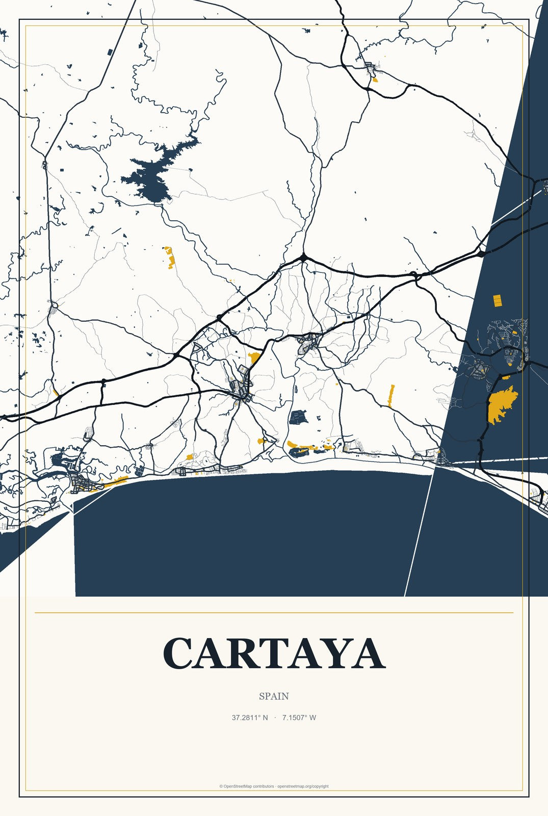 Cartaya, Spain City Map Aluminum Sign in Citrine Modern style