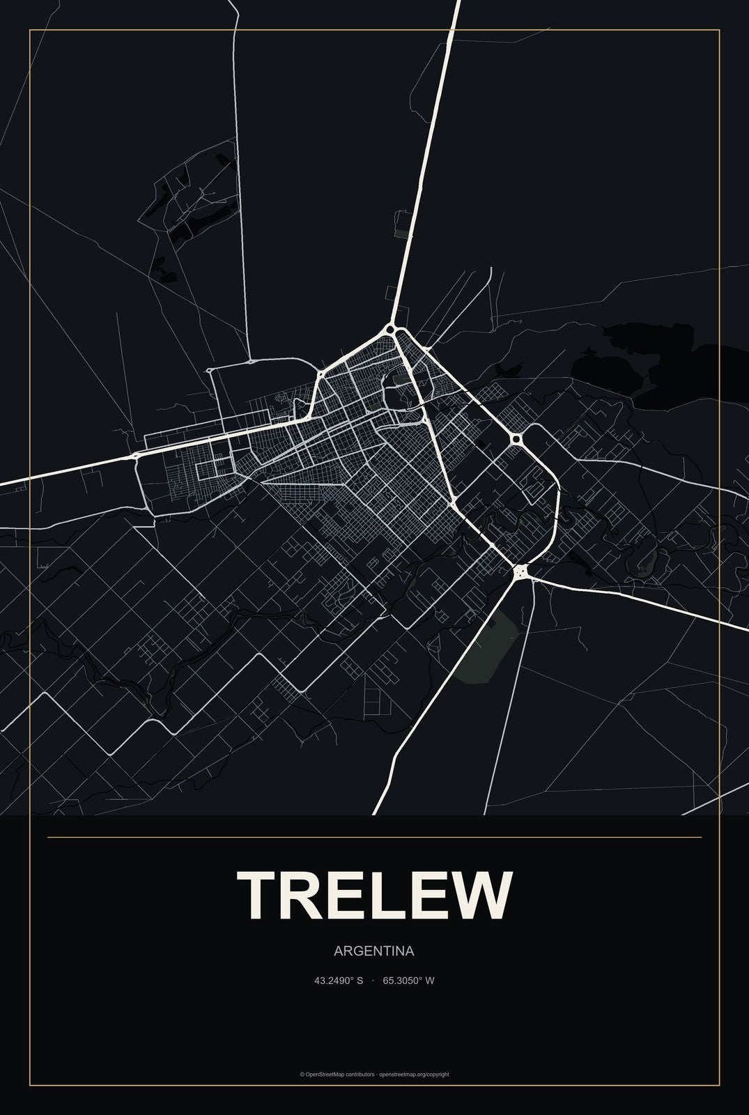 Trelew, Argentina City Map Aluminum Sign in Metropolitan Noir style