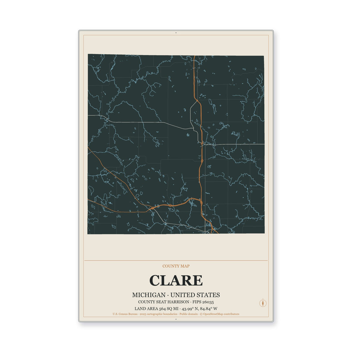 Clare County, Michigan Map Aluminum Sign in Headline Atlas style