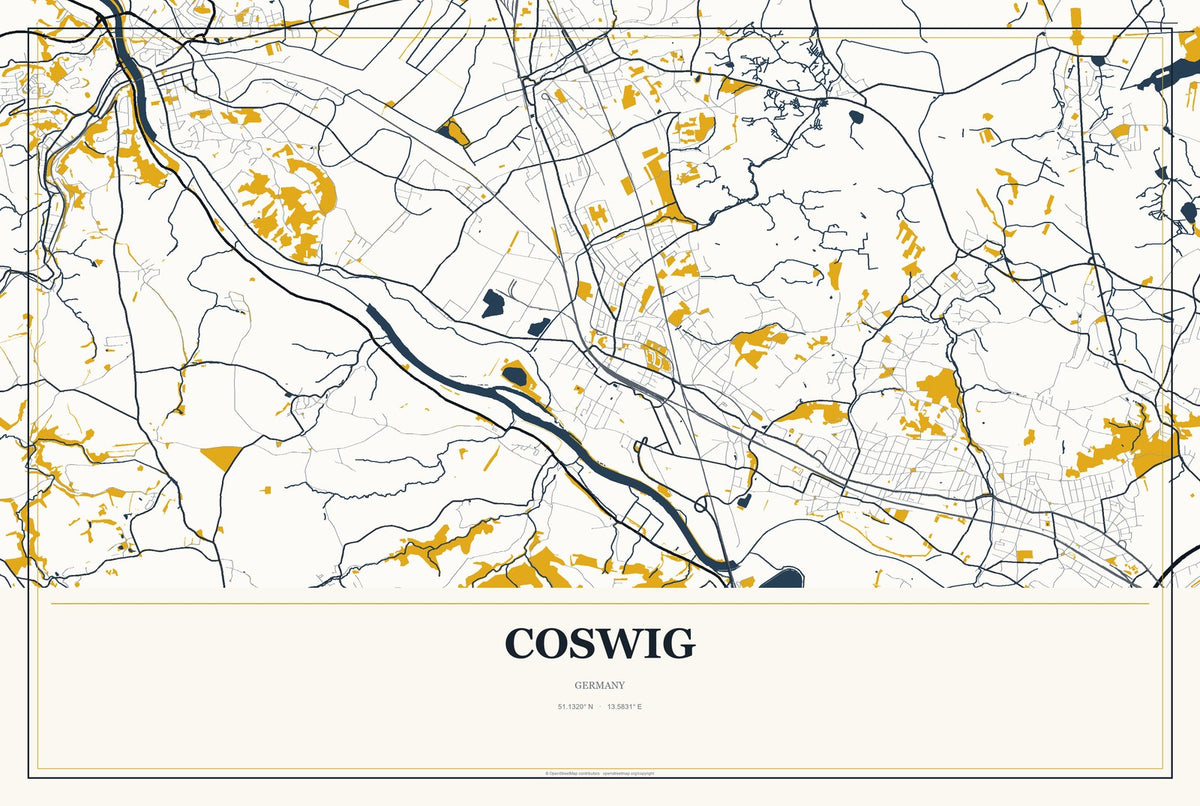 Coswig, Germany City Map Aluminum Sign in Citrine Modern style