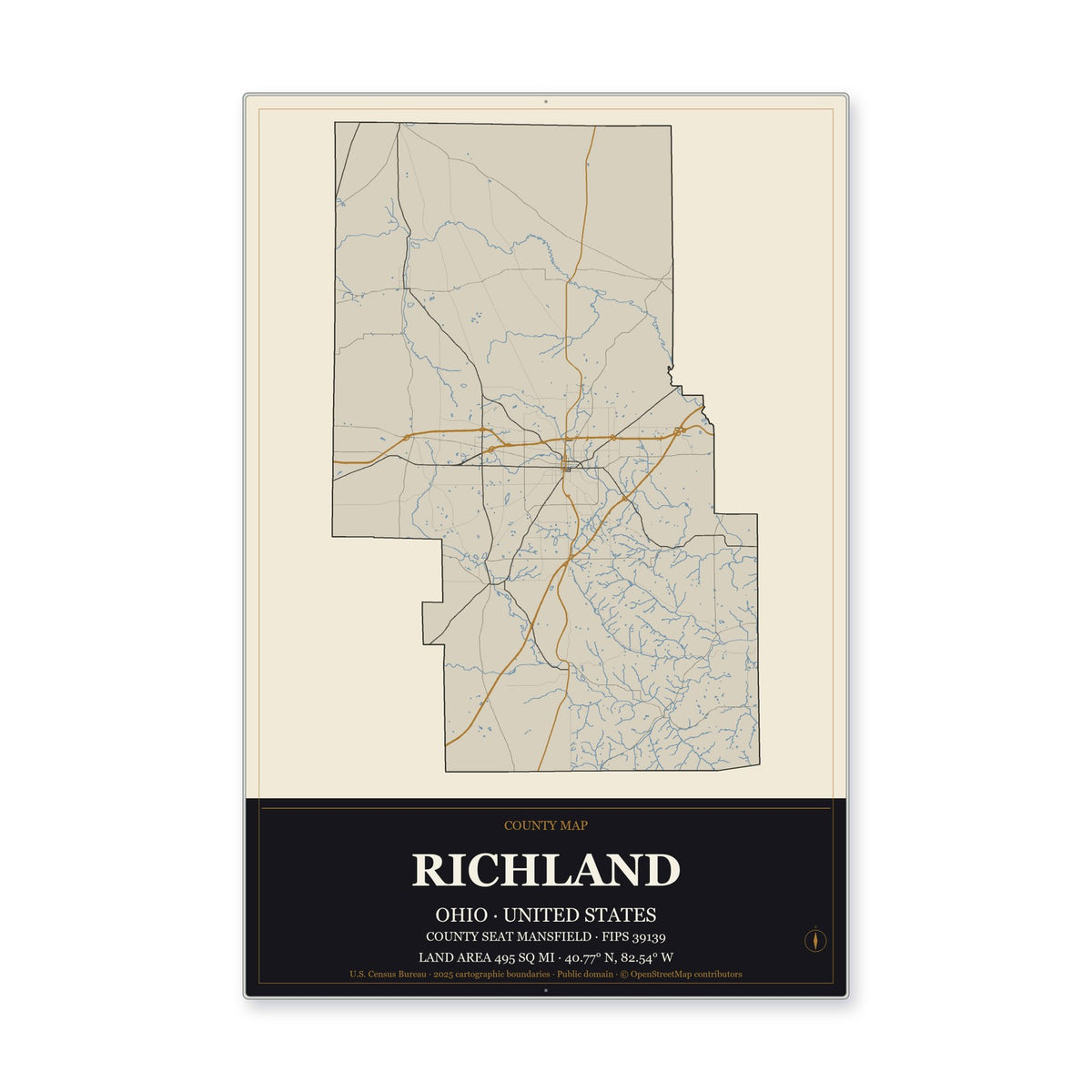 Richland County, Ohio Map Aluminum Sign in Museum Plaque style