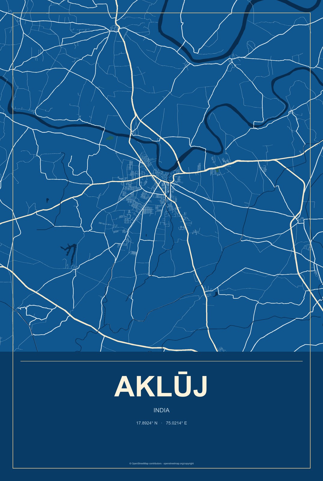 Aklūj, India City Map Aluminum Sign in Harbor Cobalt style