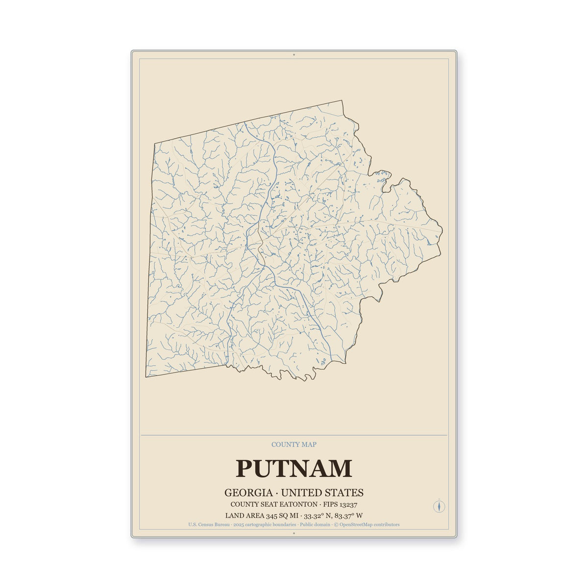 Putnam County, Georgia Map Aluminum Sign in Heritage Nautical style