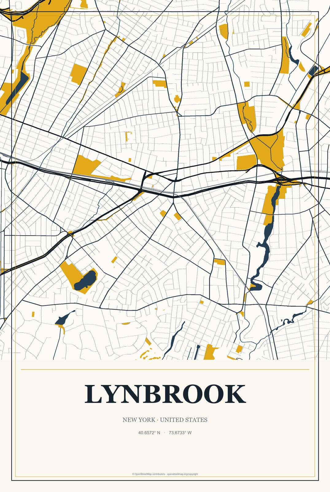 Lynbrook, New York City Map Aluminum Sign in Citrine Modern style