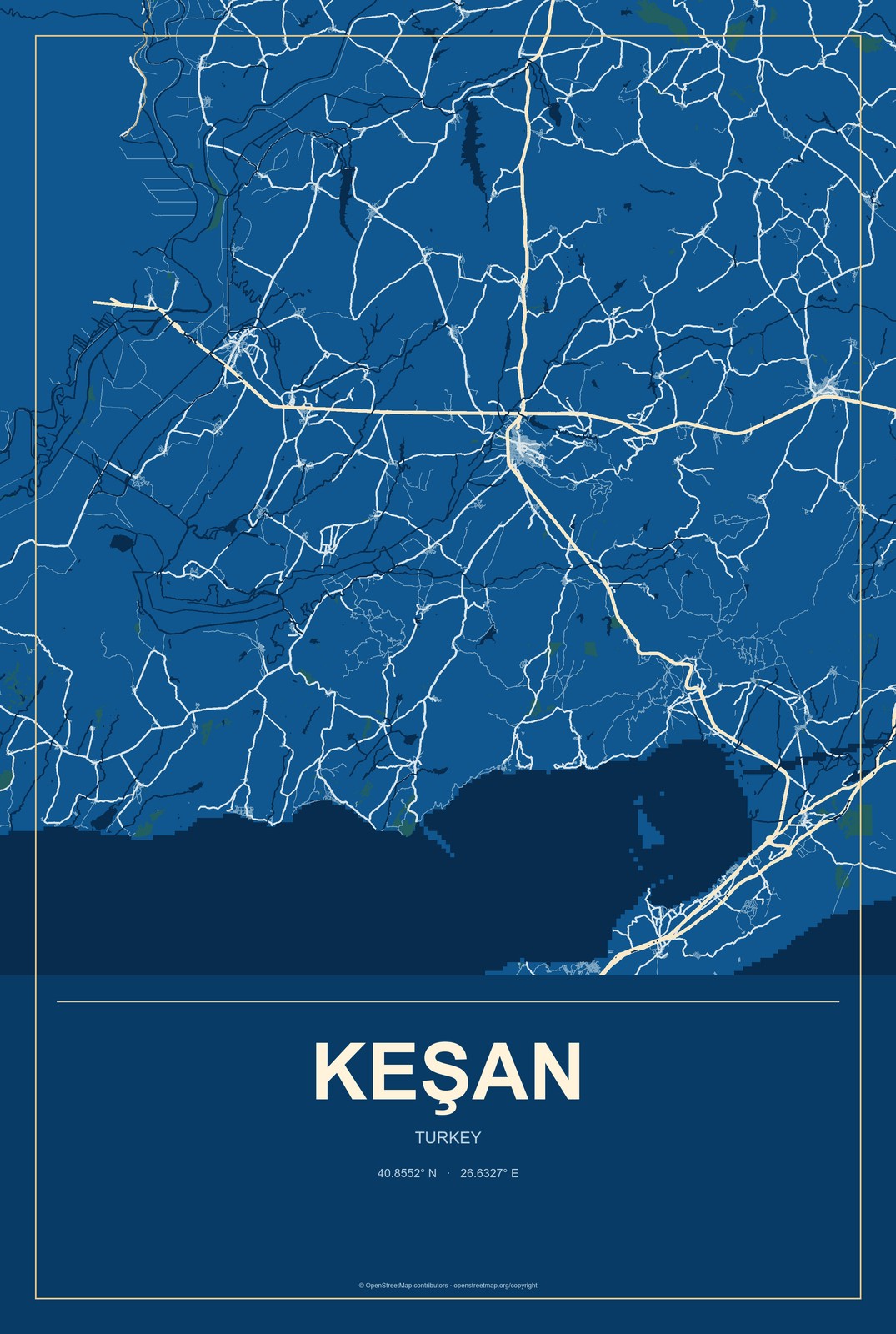 Keşan, Turkey City Map Aluminum Sign in Harbor Cobalt style