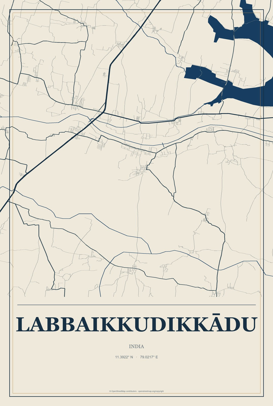 Labbaikkudikkādu, India City Map Aluminum Sign in Coastal Cutout style