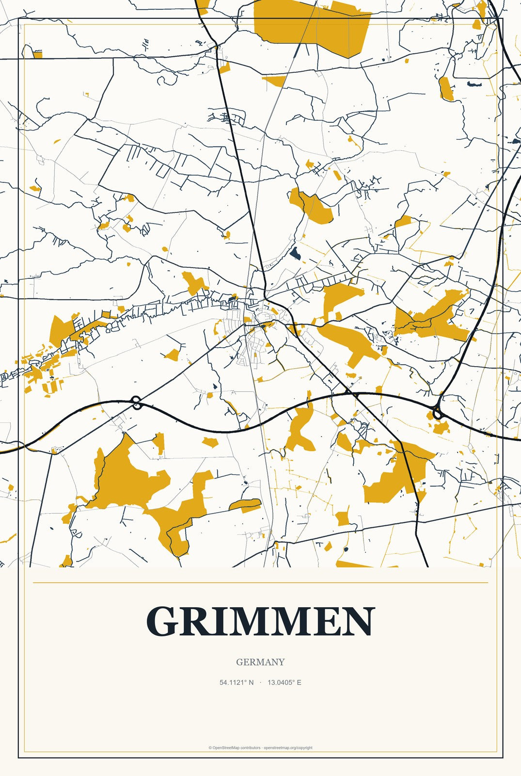 Grimmen, Germany City Map Aluminum Sign in Citrine Modern style