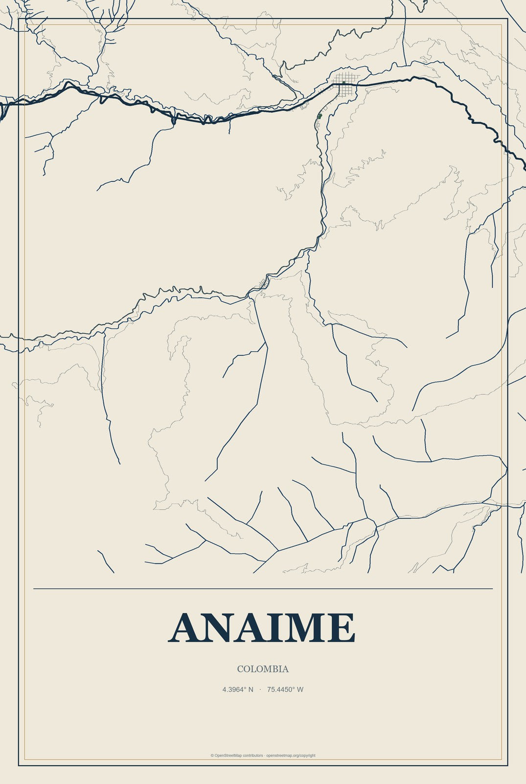 Anaime, Colombia City Map Aluminum Sign in Coastal Cutout style