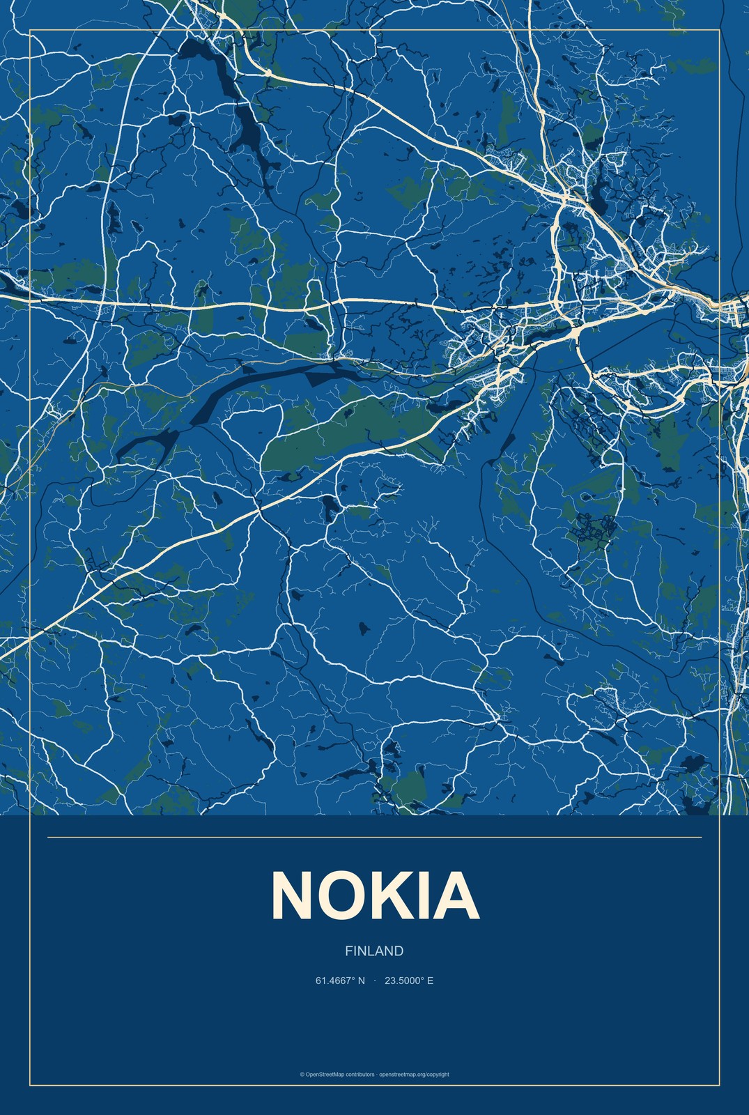 Nokia, Finland City Map Aluminum Sign in Harbor Cobalt style