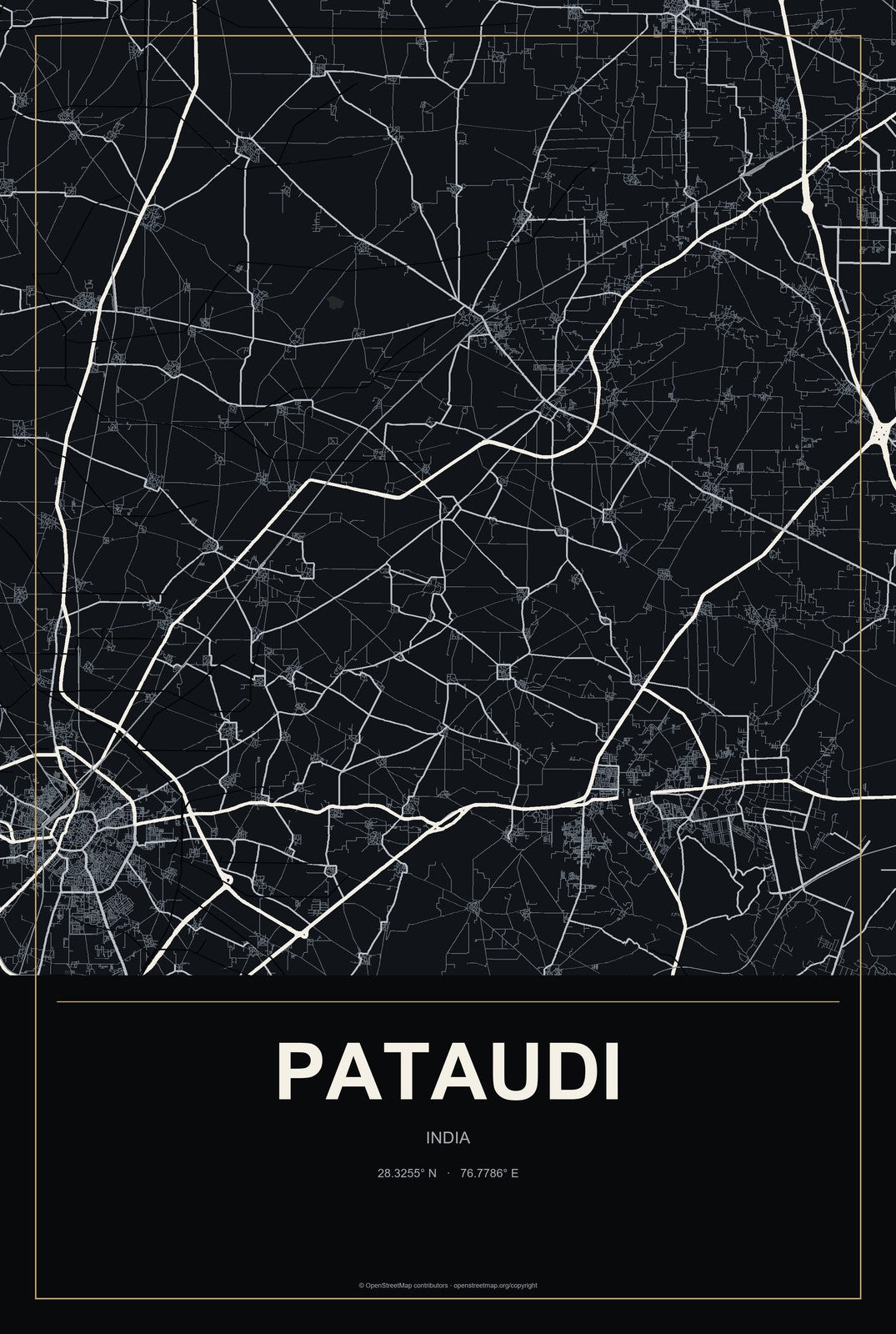 Pataudi, India City Map Aluminum Sign in Metropolitan Noir style