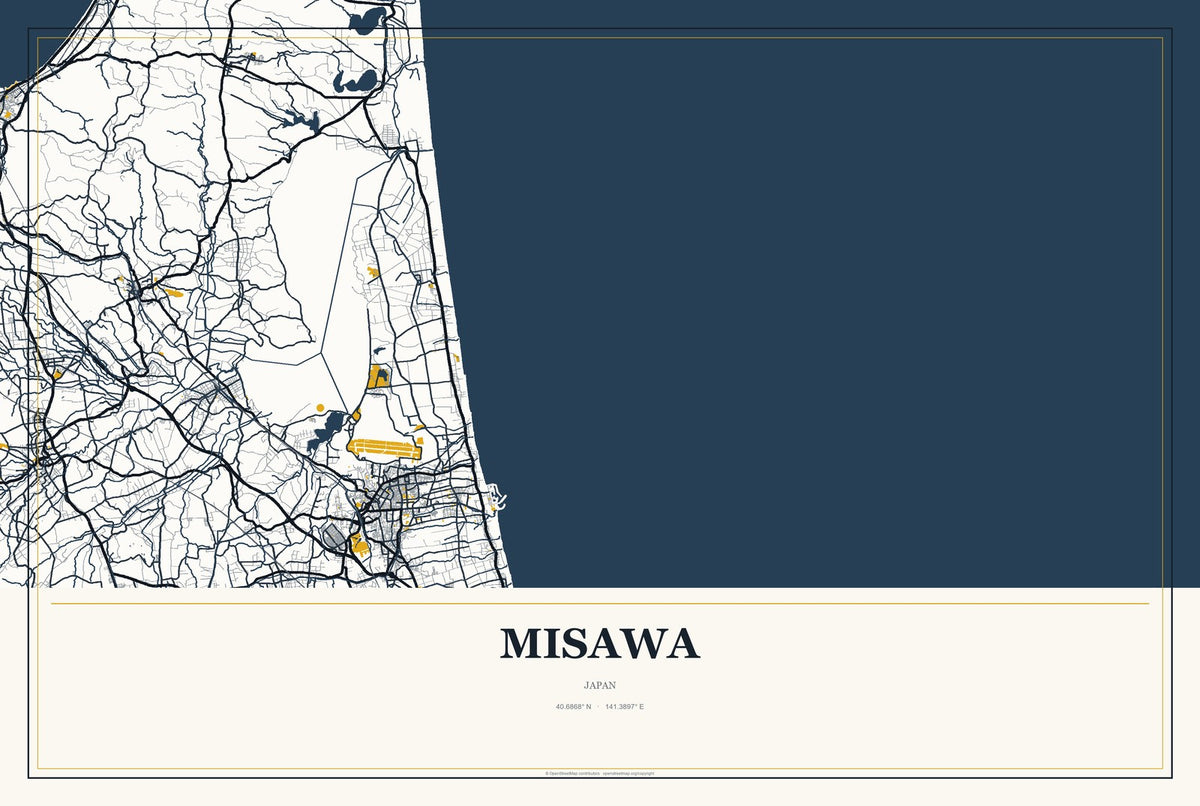 Misawa, Japan City Map Aluminum Sign in Citrine Modern style