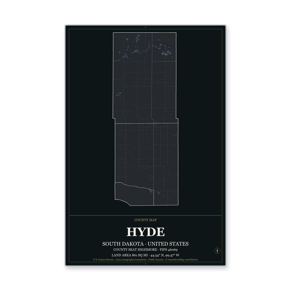 Hyde County, South Dakota Map Aluminum Sign in Metropolitan Noir style