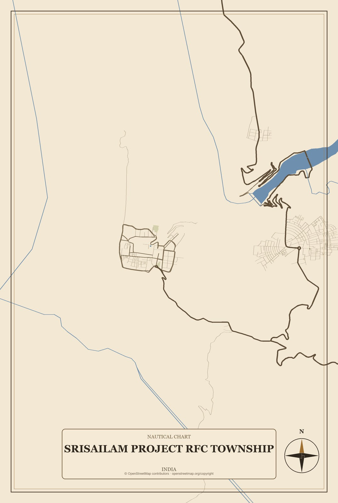 Srisailam Project RFC Township, India City Map Aluminum Sign in Heritage Nautical style