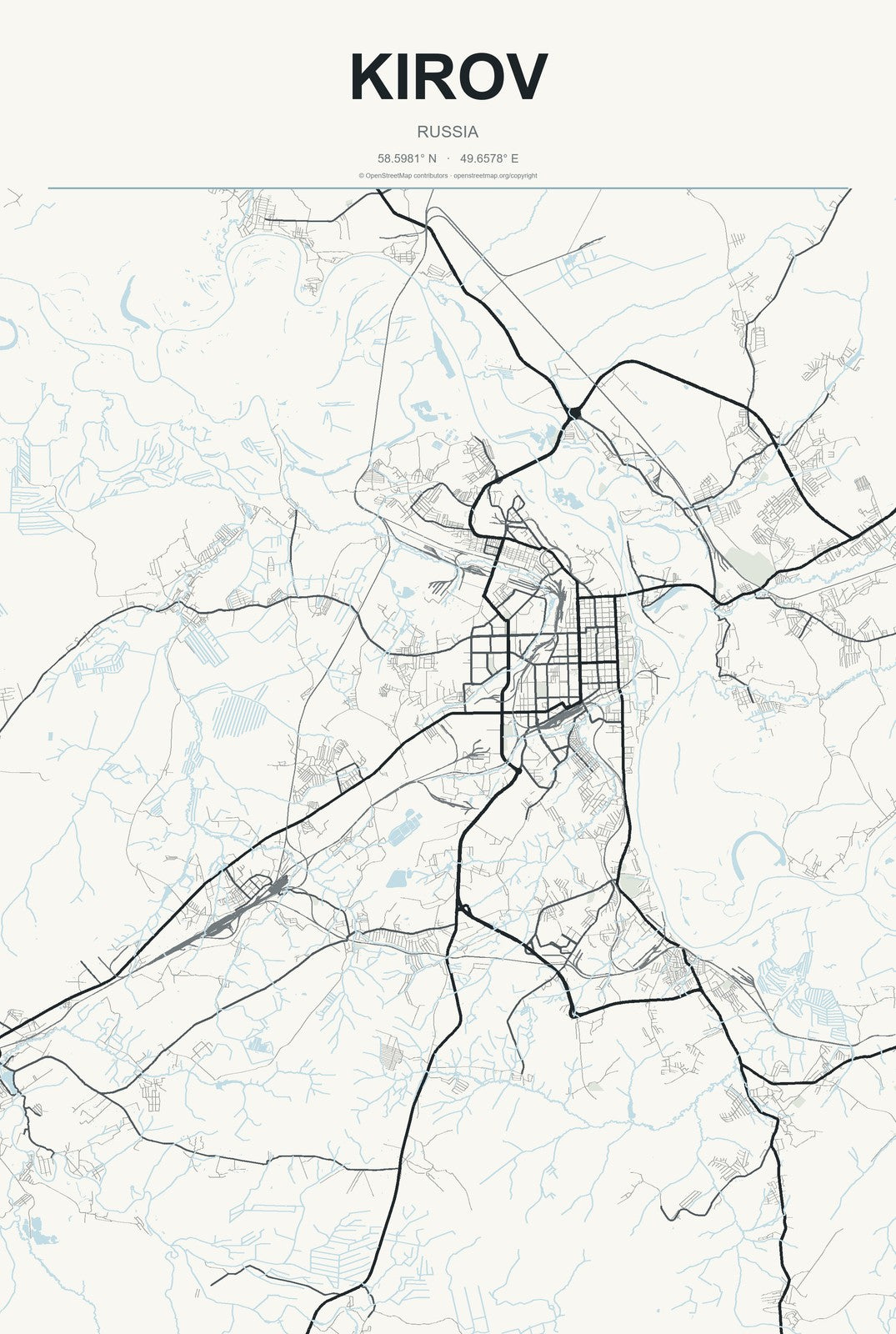 Kirov, Kaluga Oblast, Russia City Map Aluminum Sign in Headline Atlas style