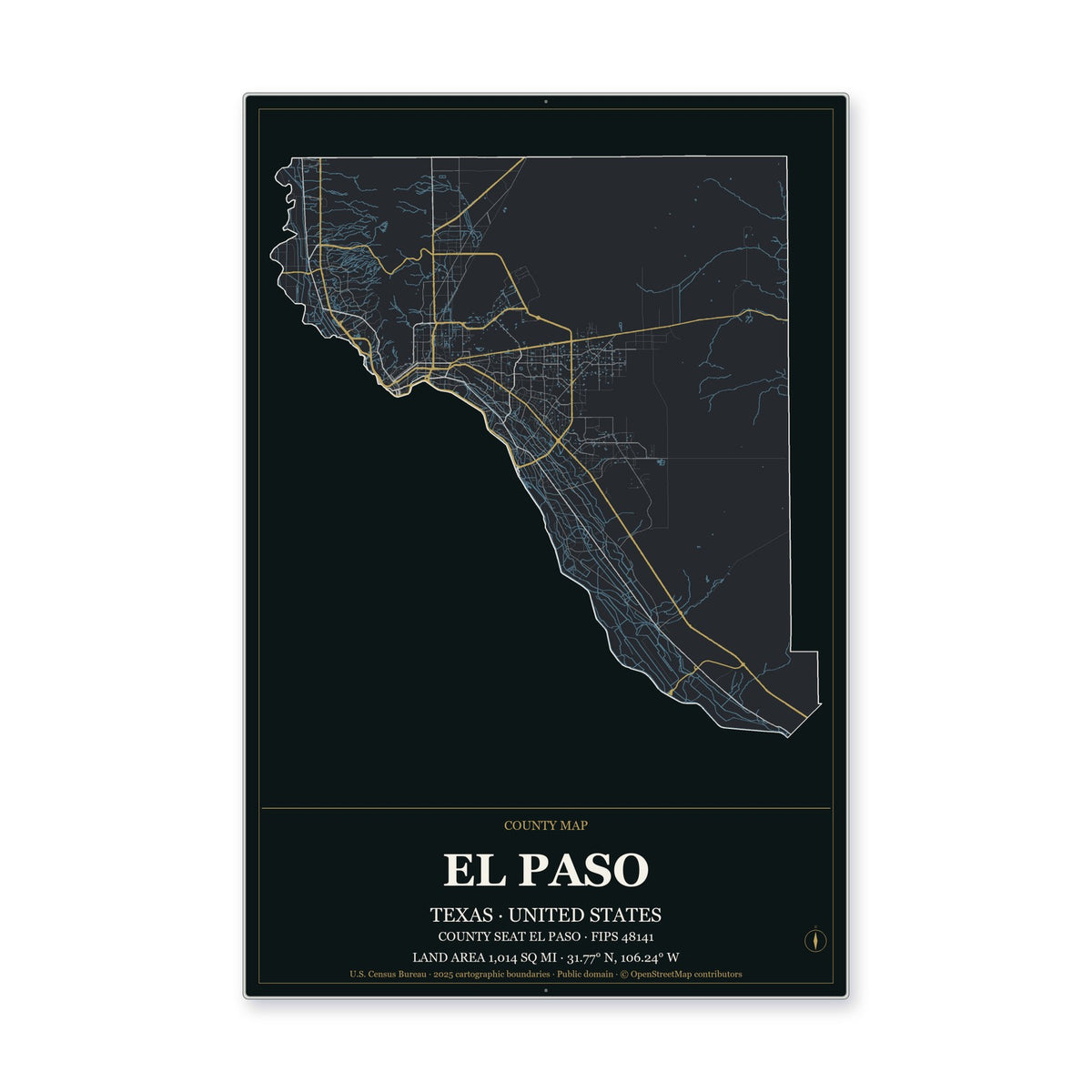 El Paso County, Texas Map Aluminum Sign in Metropolitan Noir style