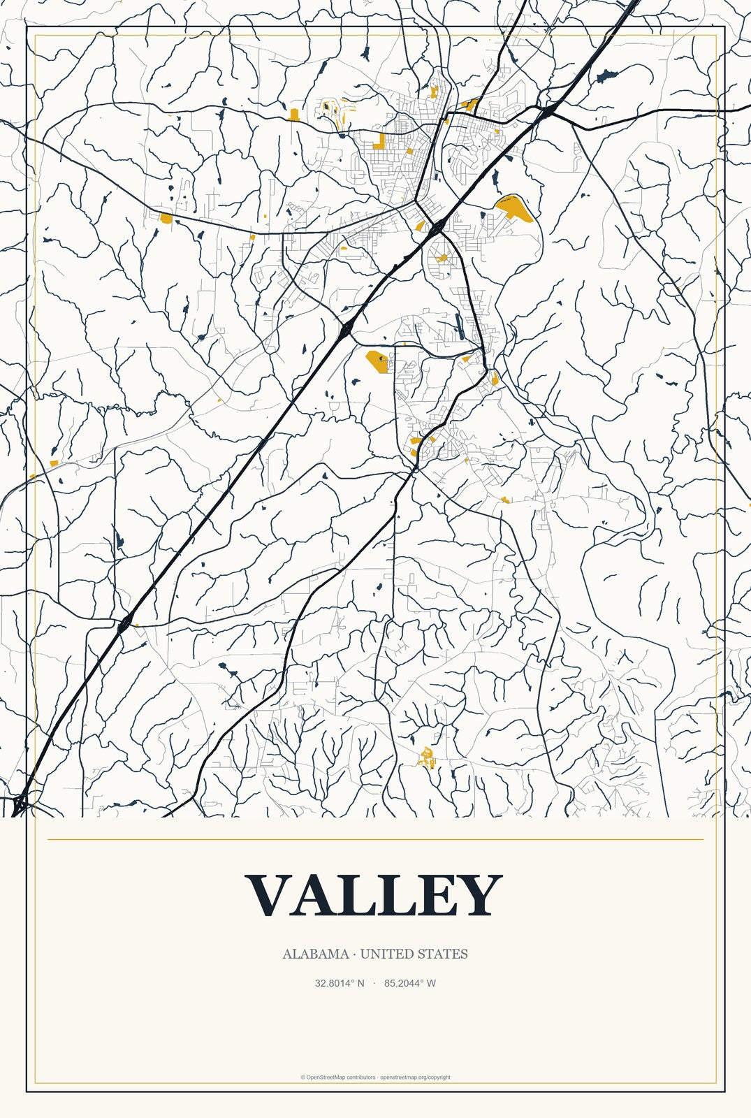 Valley, Alabama City Map Aluminum Sign in Citrine Modern style