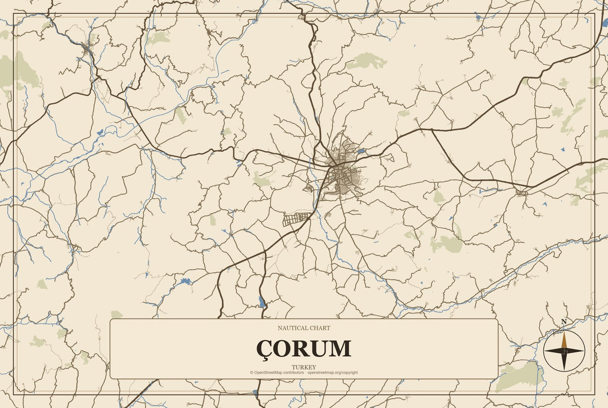 Çorum, Turkey City Map Aluminum Sign in Heritage Nautical style