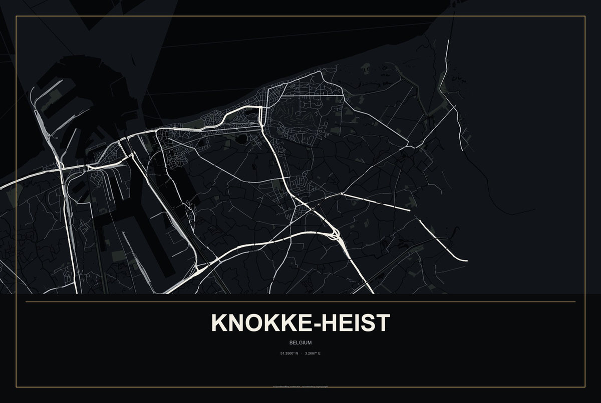 Knokke-Heist, Belgium City Map Aluminum Sign in Metropolitan Noir style